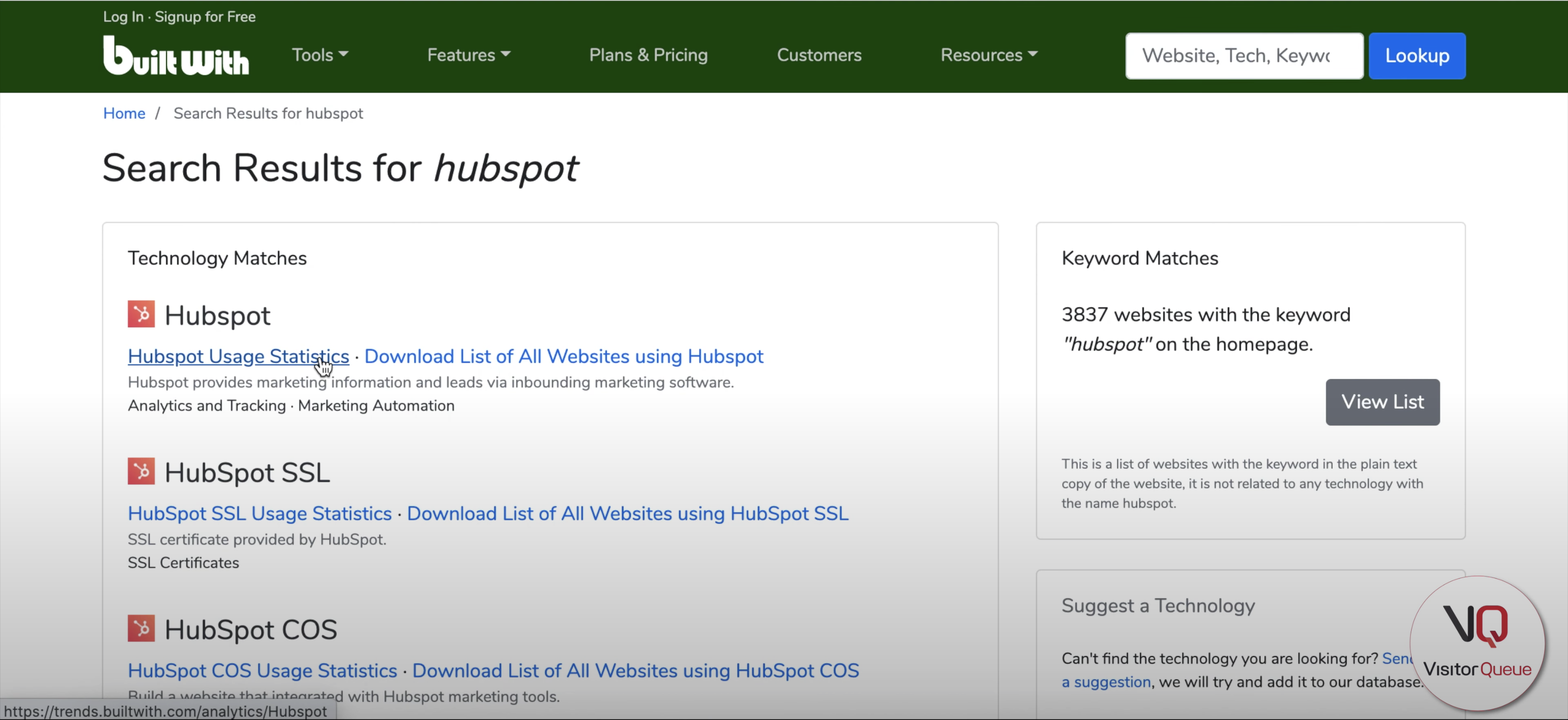 Using BuiltWith to Build a List of Your Competitor's Clients - Hubspot search results on BuiltWith